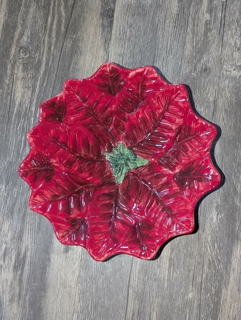 Maxcera Red Poinsettia 9.5" Ceramic Bowl Christmas Holiday Decor Tabletop